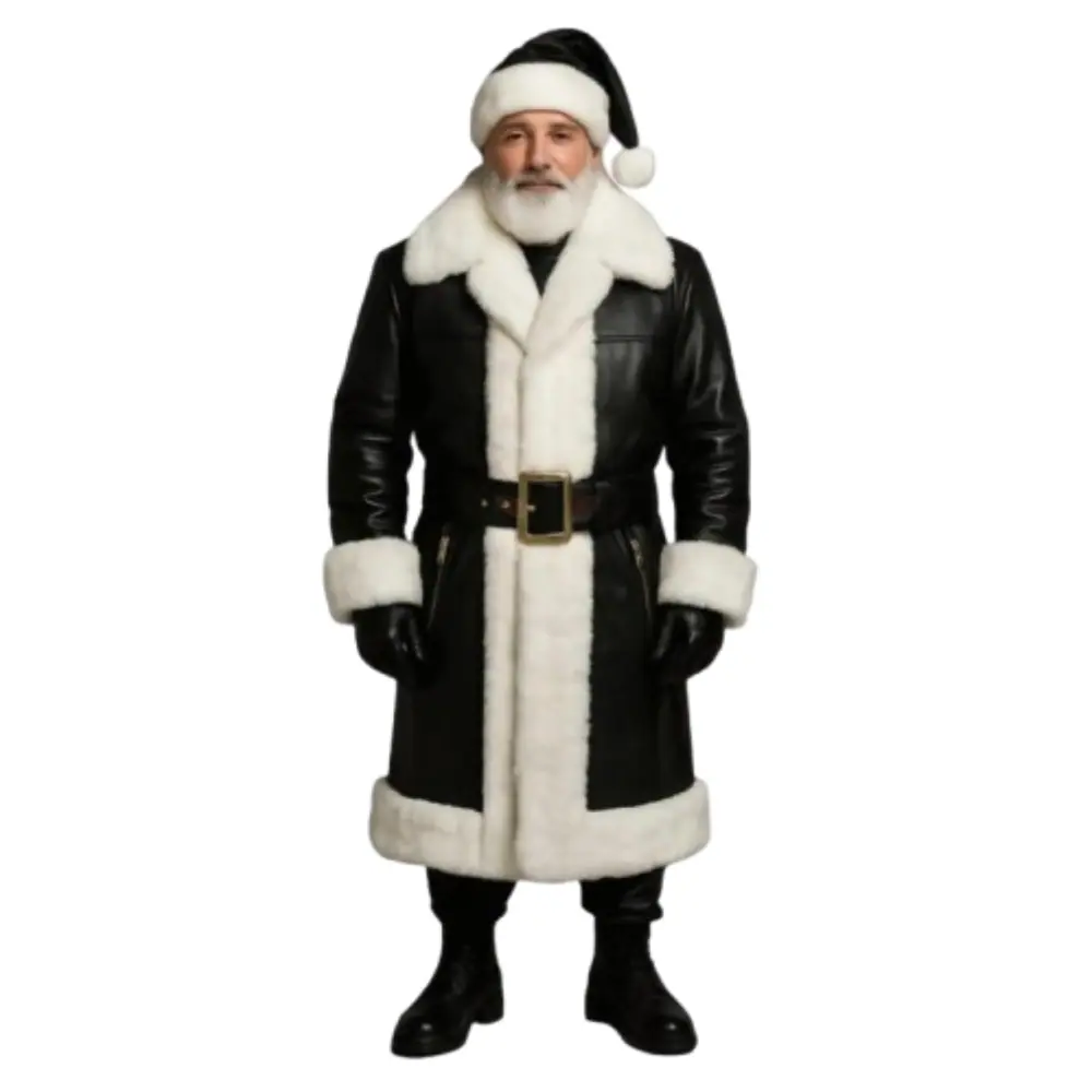 Men’s Christmas Black Leather Long Coat – Shearling & Belted Men’s Christmas Leather Long Coat