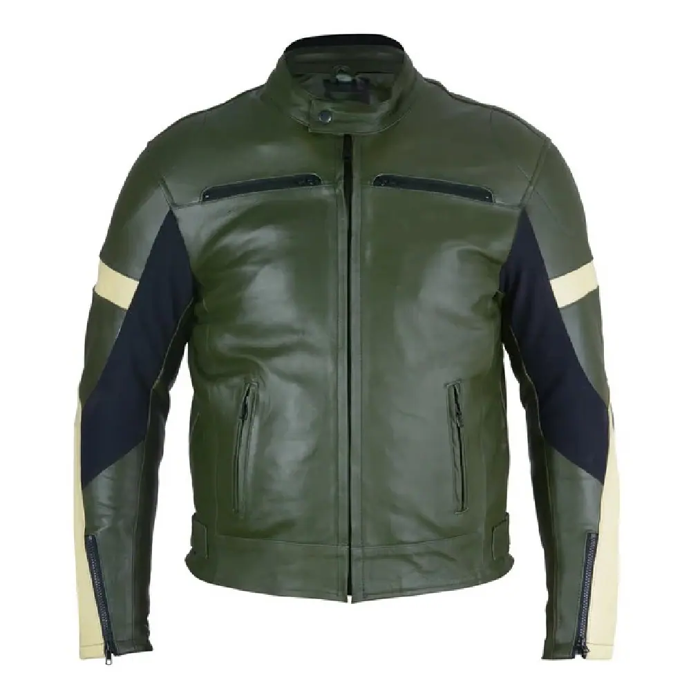 Men’s Olive Green Leather Moto Jacket – Dual-Tone Racing Style Men’s Leather Jacket