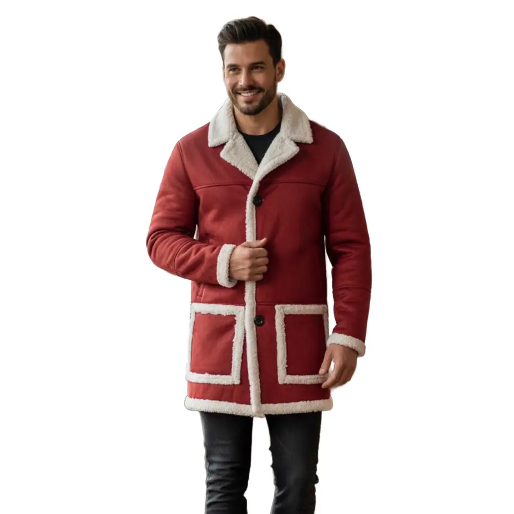 Men’s Red Shearling Santa Christmas Leather Long Coat Men’s Santa Christmas Leather Long Coat