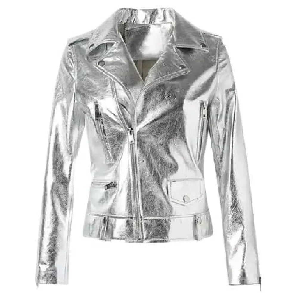 Women’s Metallic Silver Lambskin Biker Leather Jacket Women’s Biker Leather Jacket
