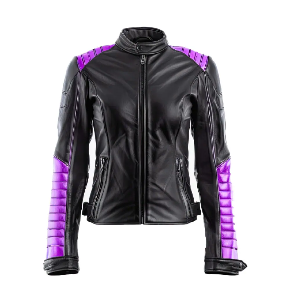 Women’s Black & Purple Biker Leather Jacket – Slim Fit Racer Women’s Biker Leather Jacket