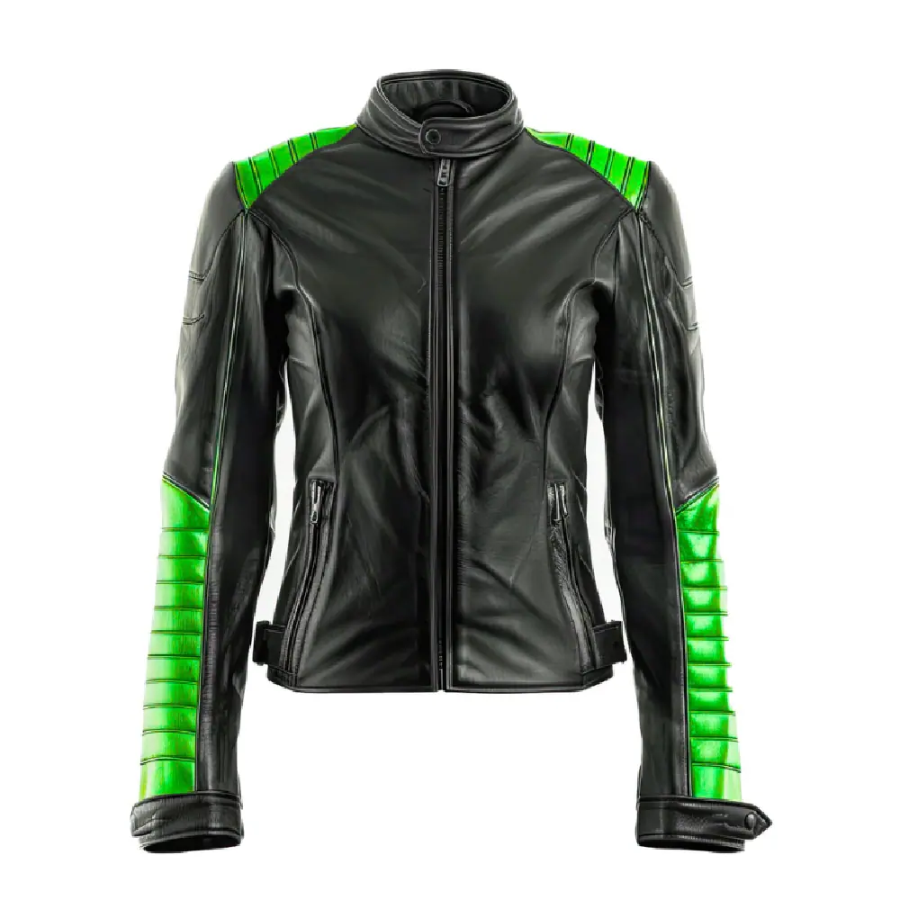 Women’s Black & Green Biker Leather Jacket – Slim Fit Racer Women’s Biker Leather Jacket