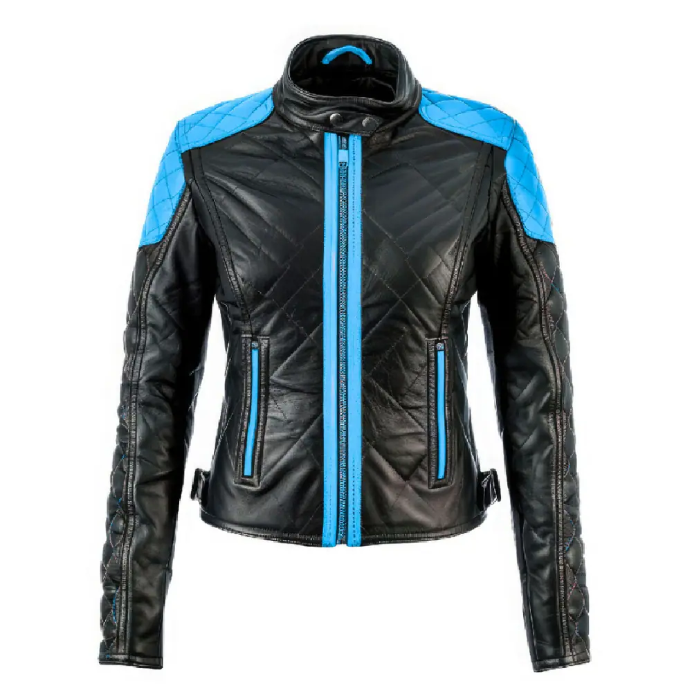 Women’s Black & Sky Blue Biker Leather Jacket – Sheepskin Women’s Biker Leather Jacket