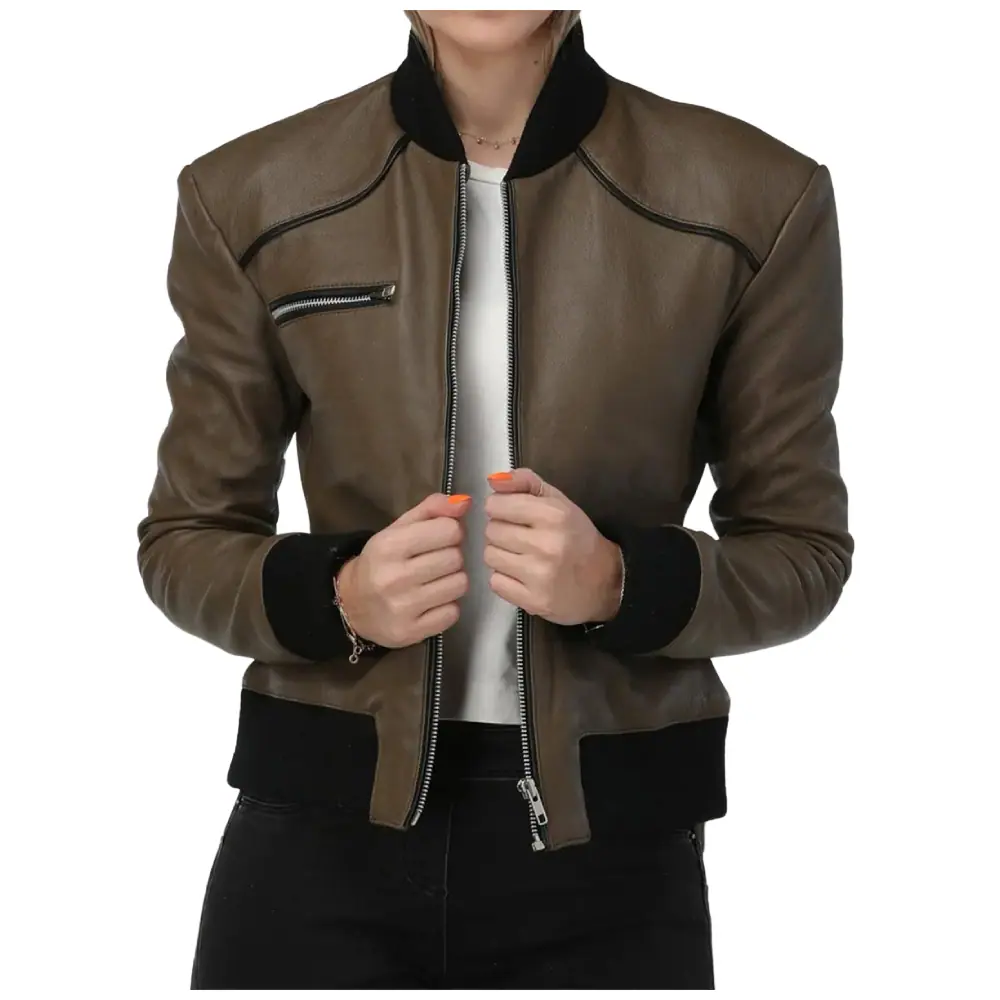 Women’s Brown Bomber Leather Jacket – Short Fit & Ribbed Trim Women’s Bomber Leather Jacket
