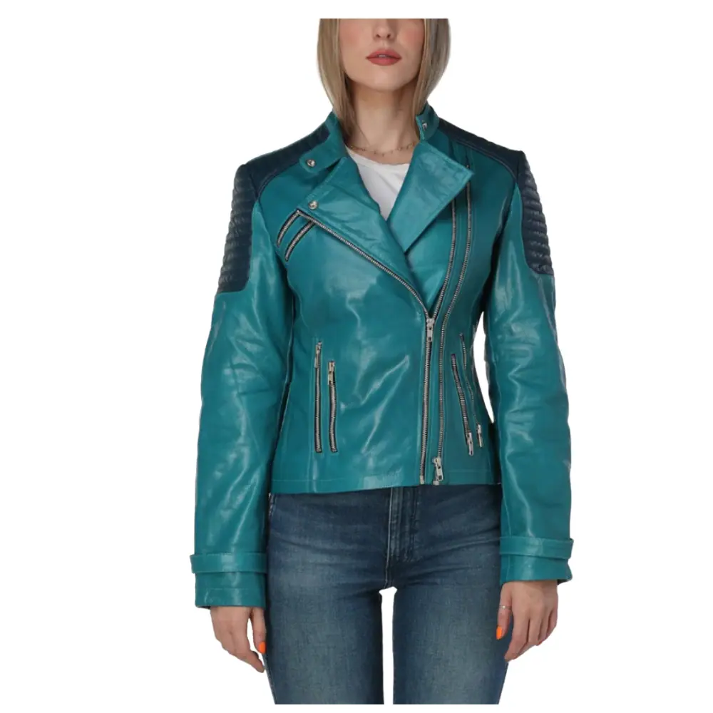 Women’s Teal & Navy Lambskin Leather Biker Jacket – Slim Fit Women’s Leather Biker Jacket