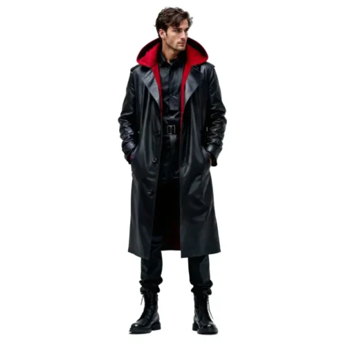 Men’s Hooded Leather Long Coat