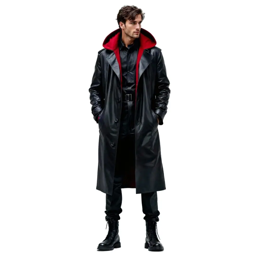 Men’s Black & Red Matrix Hooded Leather Trench Long Coat Men’s Hooded Leather Long Coat