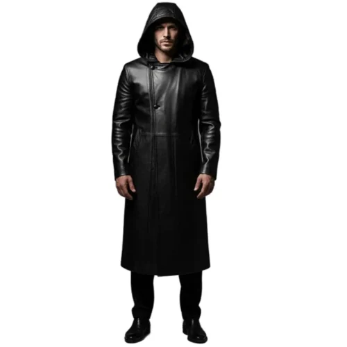 Men’s Hooded Leather Long Coat