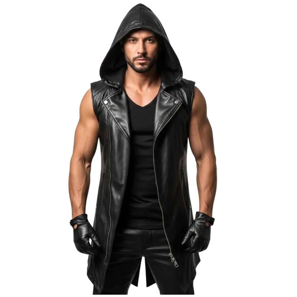 Men’s Shadow Reaper Leather Assassin Hooded Vest Long Jacket Men’s Leather Hooded Vest Long Jacket