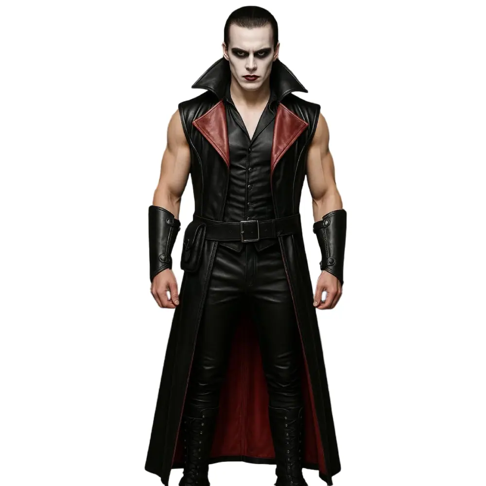 Men’s Black and Red Lining Vampire Leather Long Vest Coat Men’s Leather Long Vest Coat
