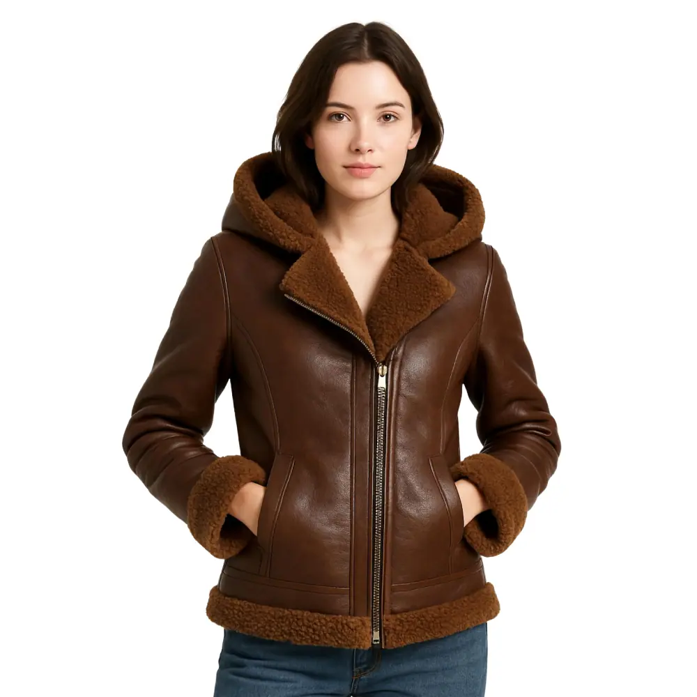 Women’s Chocolate Brown Shearling Moto Hooded Leather Jacket Women’s Hooded Leather Jacket