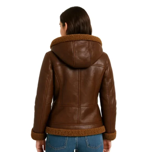 Women’s Chocolate Brown Shearling Moto Hooded Leather Jacket