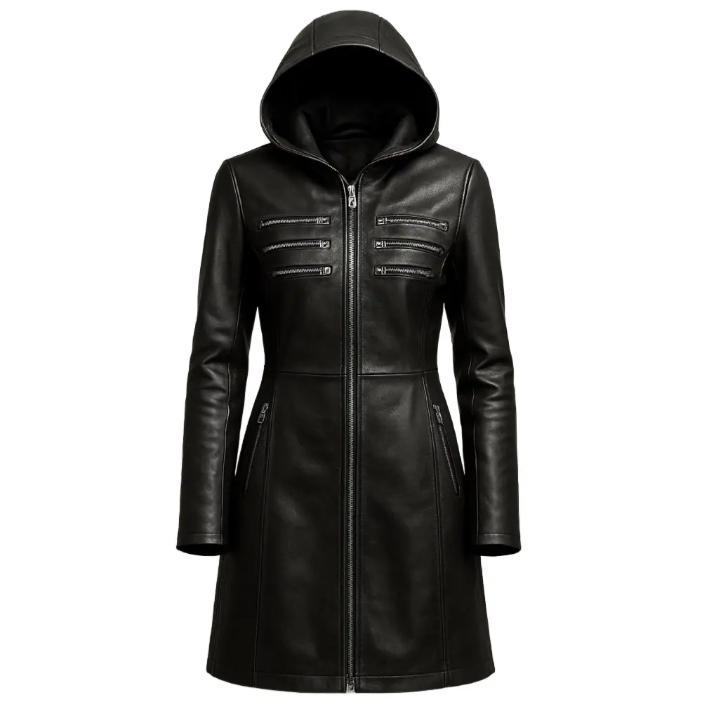 Women’s Black Hooded Faux Leather Longline Moto Coat Women’s Hooded Leather Longline Coat