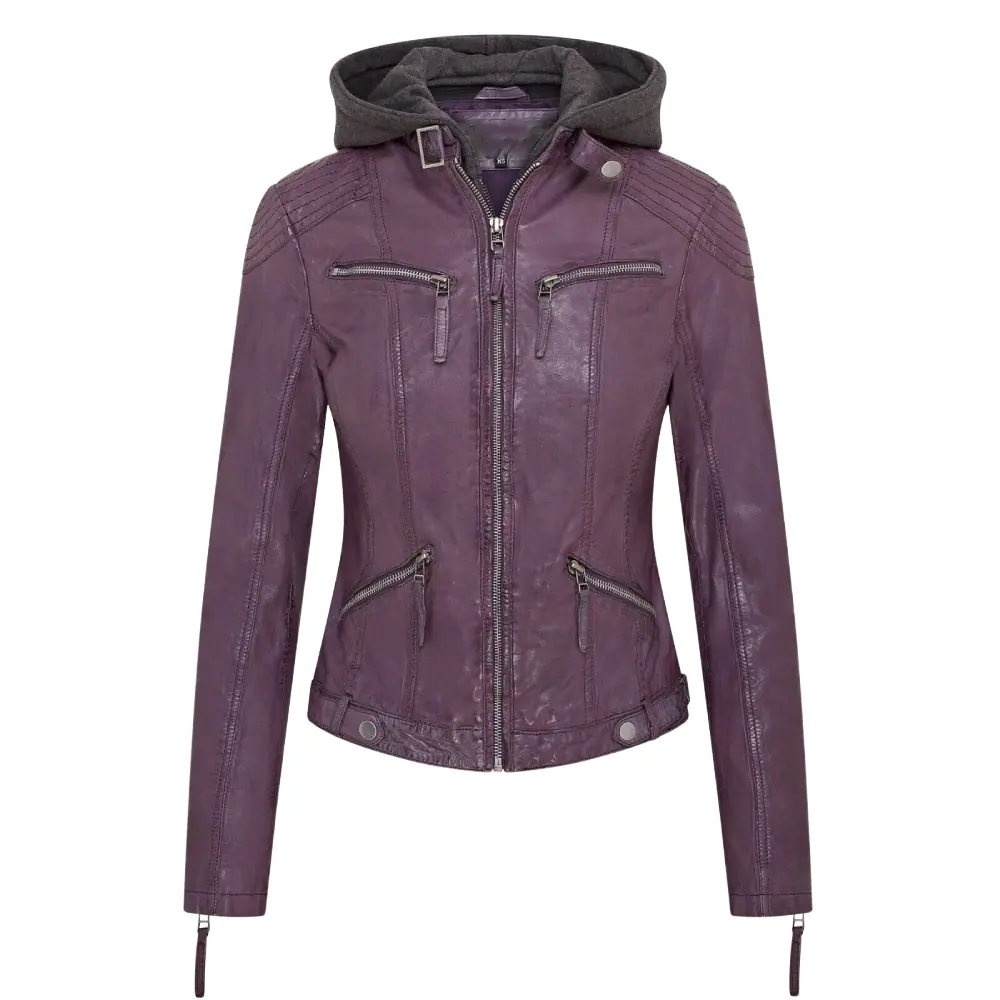 Women’s Plum Purple Faux Leather Hooded Biker Jacket Women’s Leather Hooded Biker Jacket