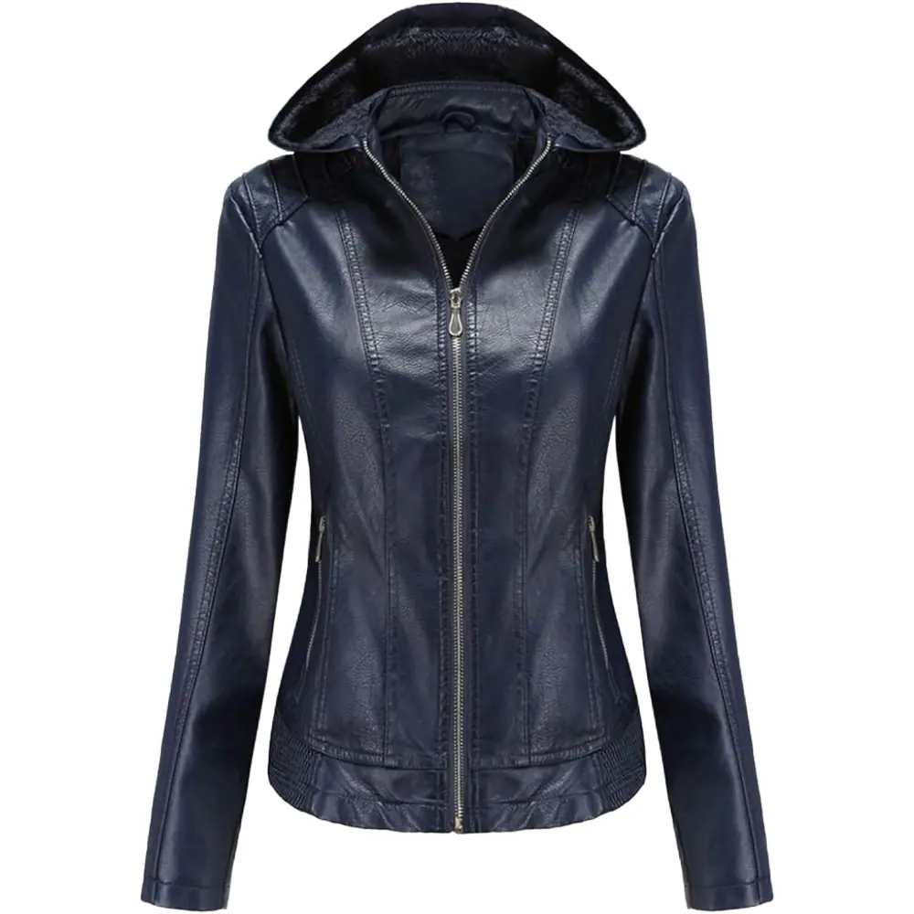 Women’s Midnight Blue Leather Hooded Moto Jacket Women’s Leather Hooded Jacket