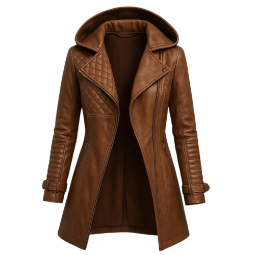 Women’s Leather Hooded Long Coat
