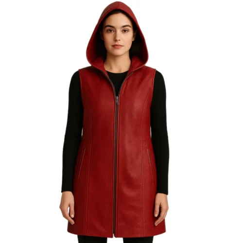 Women’s Leather Hooded Long Vest Jacket