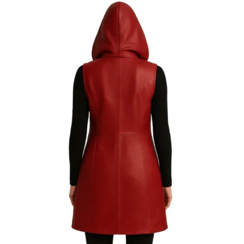 Women’s Leather Hooded Long Vest Jacket