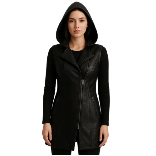 Women’s Leather Hooded Vest Jacket
