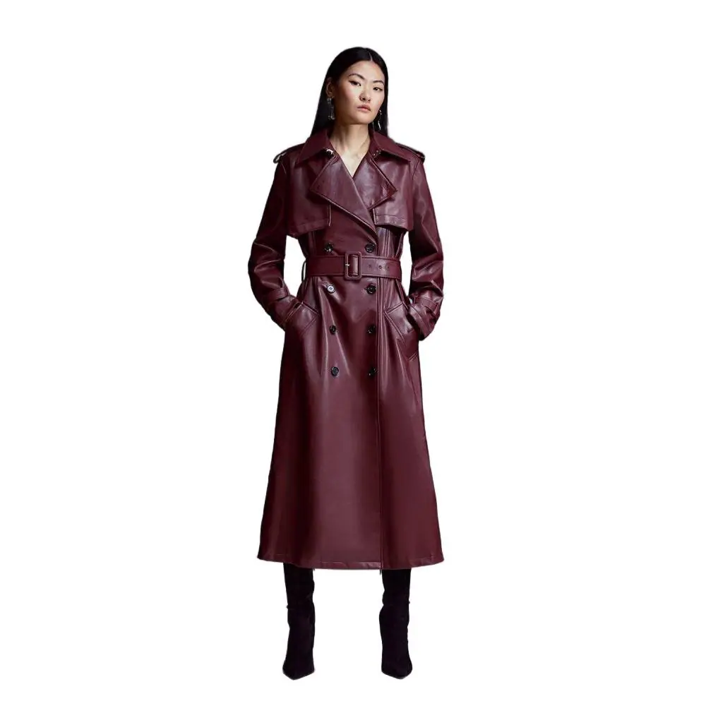 Women’s Burgundy Faux Leather Long Trench Coat Women’s Leather Long Coat
