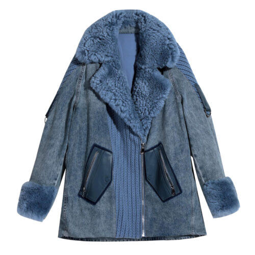 Women’s Oversized Denim Shearling Coat – Knit & Faux Fur