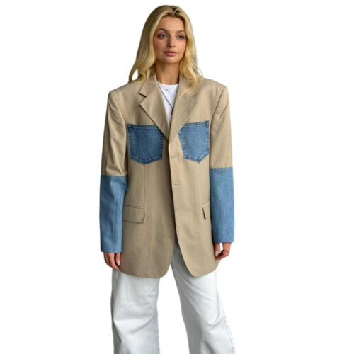 Women’s Oversized Beige Blazer Coat – Denim Patchwork Accents
