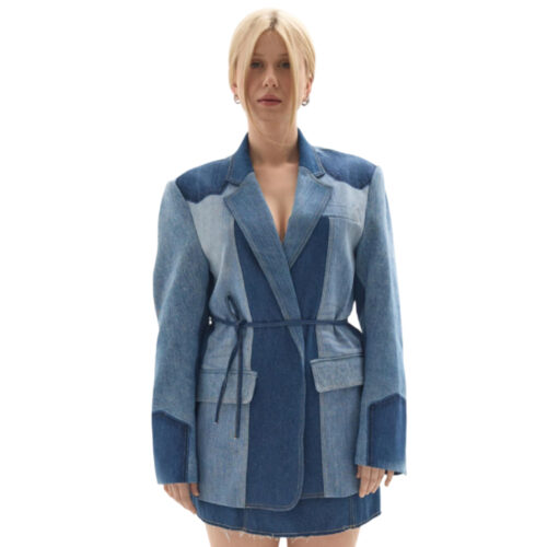 Women’s Indigo Patchwork Denim Coat Blazer – Tie Belt