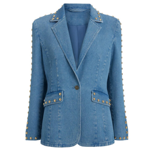 Women’s Gold Studded Denim Blazer – Light Wash Jacket