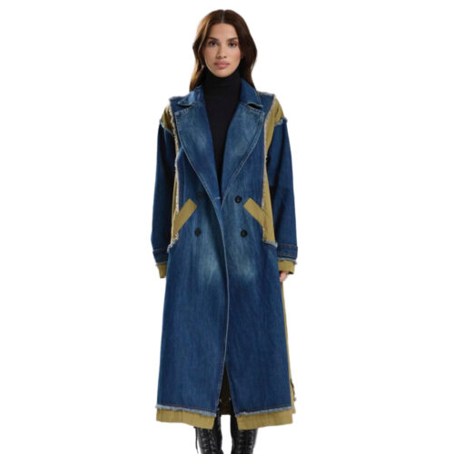 Women’s Indigo & Olive Patchwork Denim Trench Long Coat