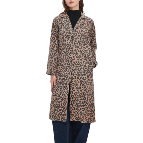 Women’s Leopard Print Duster Long Coat – Button-Down Trench