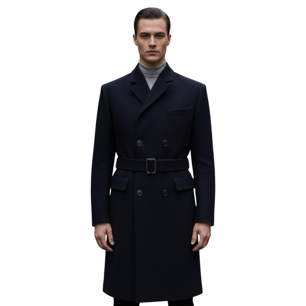 Men’s Navy Blue Double-Breasted Wool Peacoat With Belted Back