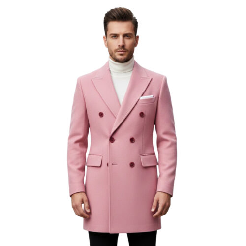 Men’s Pink Wool Double-Breasted Peacoat With Belted Back