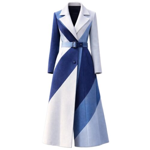 Women’s Long Wool Coat With Belt – Blue & White Panels