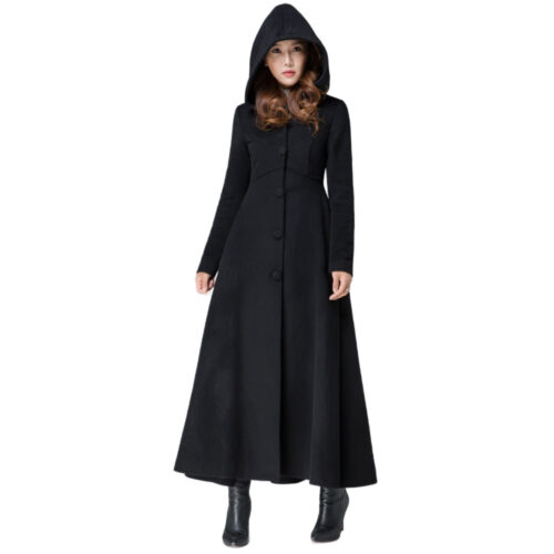 Women’s Burgundy Wool Long Coat Hooded Trench