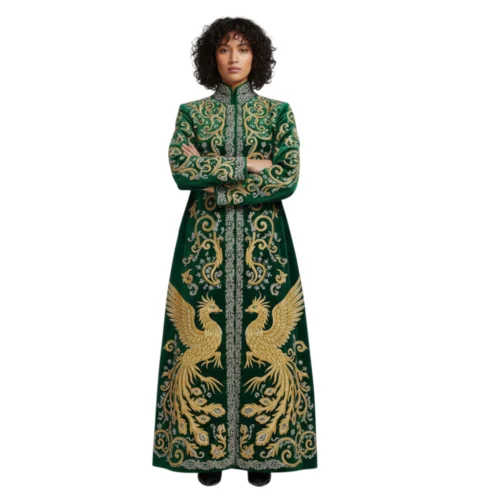 Women’s Royal Green Velvet Phoenix Zari Chenille Long Coat