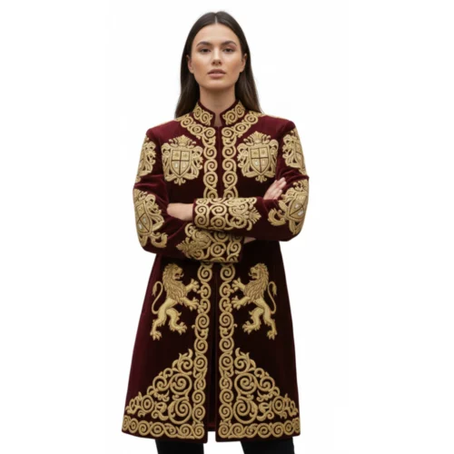 Women’s Red Velvet Gold Zari Chenille Trench Long Coat