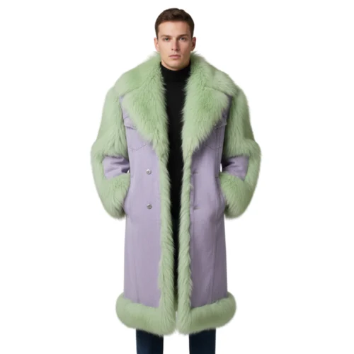 Men’s Lavender Denim Long Vest Coat – Mint Fox Fur Trim