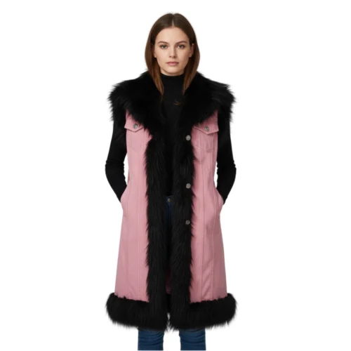 Women’s Pink Denim Long Vest Jacket With Black Faux Fur Trim