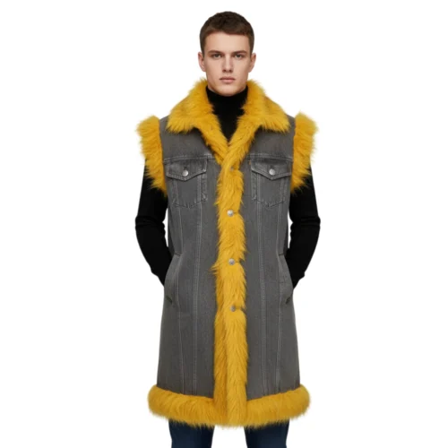 Men’s Grey Denim Long Vest Jacket – Yellow Fur Collar & Trim