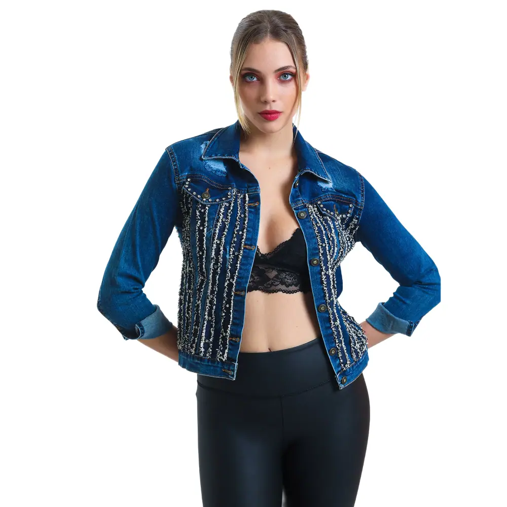 Women’s Blue Denim Jacket – Beaded Fringe & Pearl Accents Women’s Blue Denim Jacket
