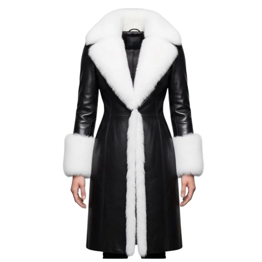 Women’s Christmas Black Leather Coat – White Fur Collar & Cuffs Women’s Christmas Black Leather Coat