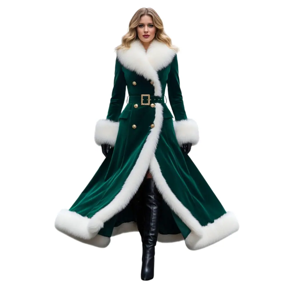 Women’s Emerald Velvet Fur-Trimmed Christmas Long Coat Women’s Christmas Long Coat
