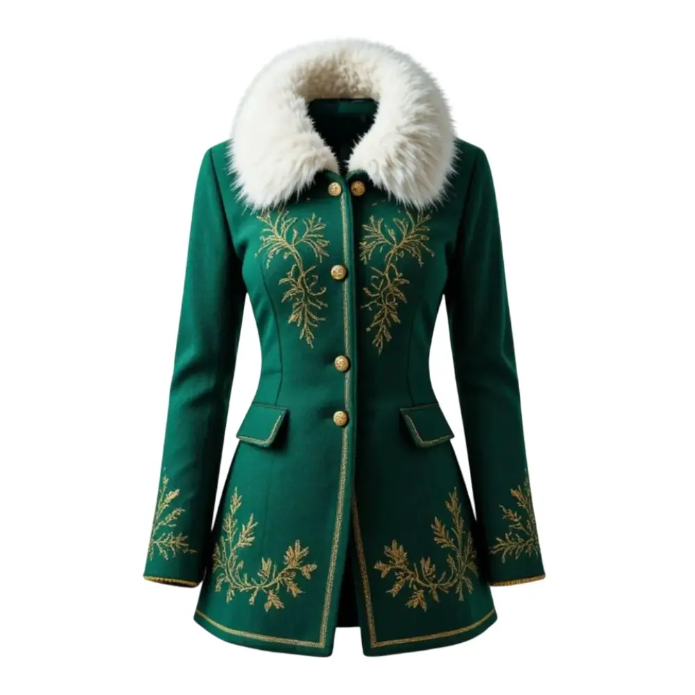 Women’s Emerald Fur-Collar Christmas Long Coat Women’s Christmas Long Coat