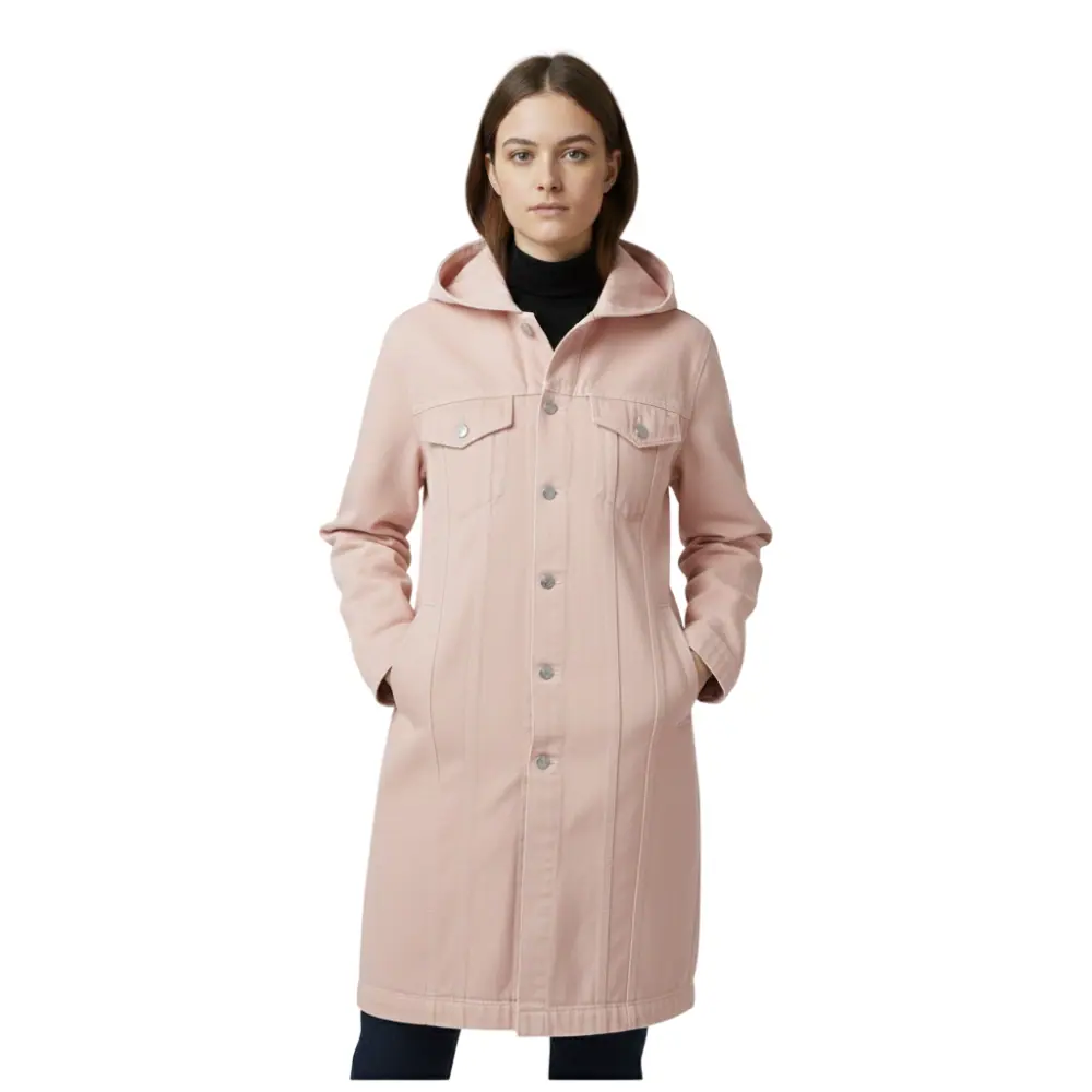 Women’s Blush Pink Denim Long Hooded Coat Women’s Denim Long Hooded Coat