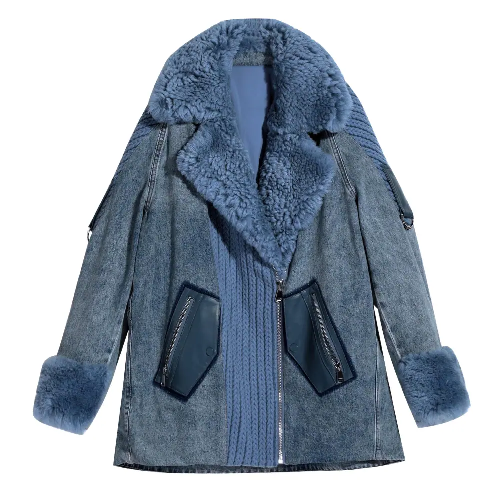 Women’s Oversized Denim Shearling Coat – Knit & Faux Fur Women’s Denim Shearling Coat
