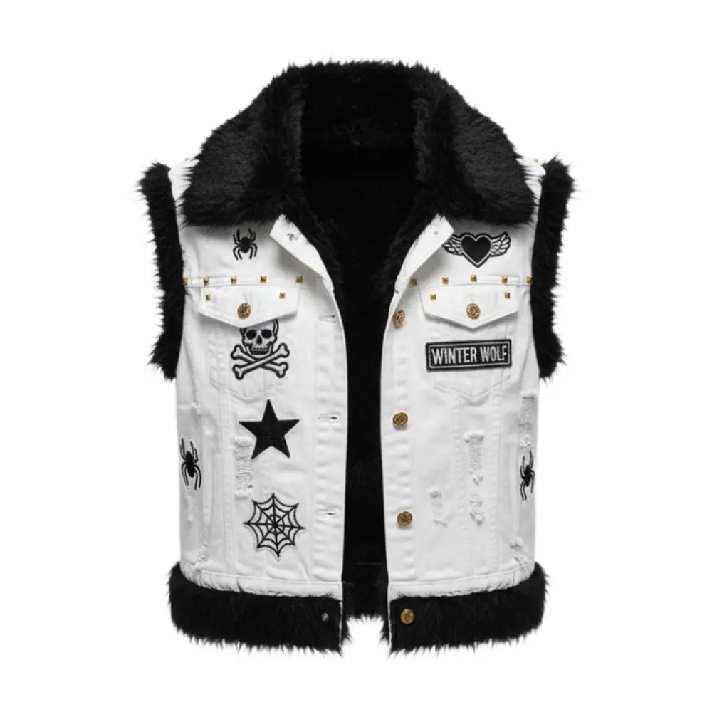 Women’s Frost Wolf Black Faux Fur White Denim Vest Jacket Women’s Denim Vest Jacket