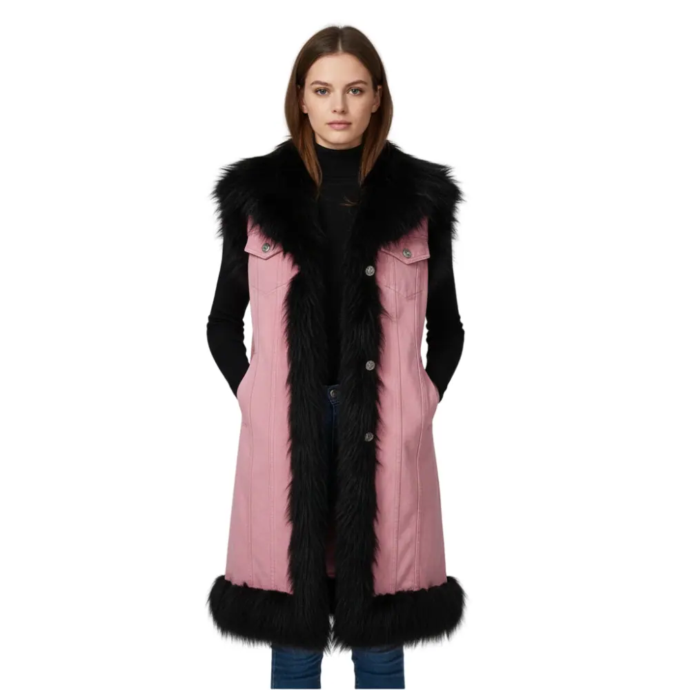 Women’s Pink Denim Long Vest Jacket With Black Faux Fur Trim Women’s Pink Denim Long Vest Jacket