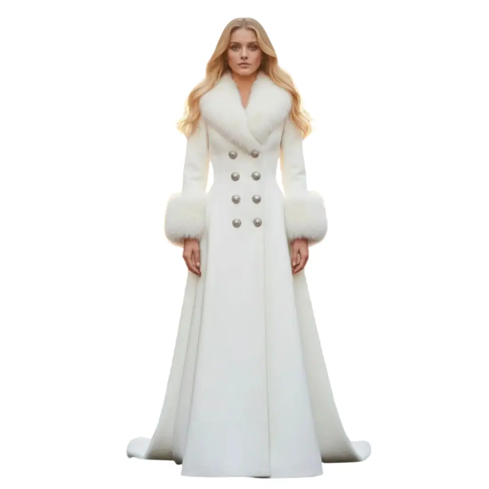 Women’s Ivory White Full-Length Faux Fur Luxe Wool Long Coat Women’s White Long Coat