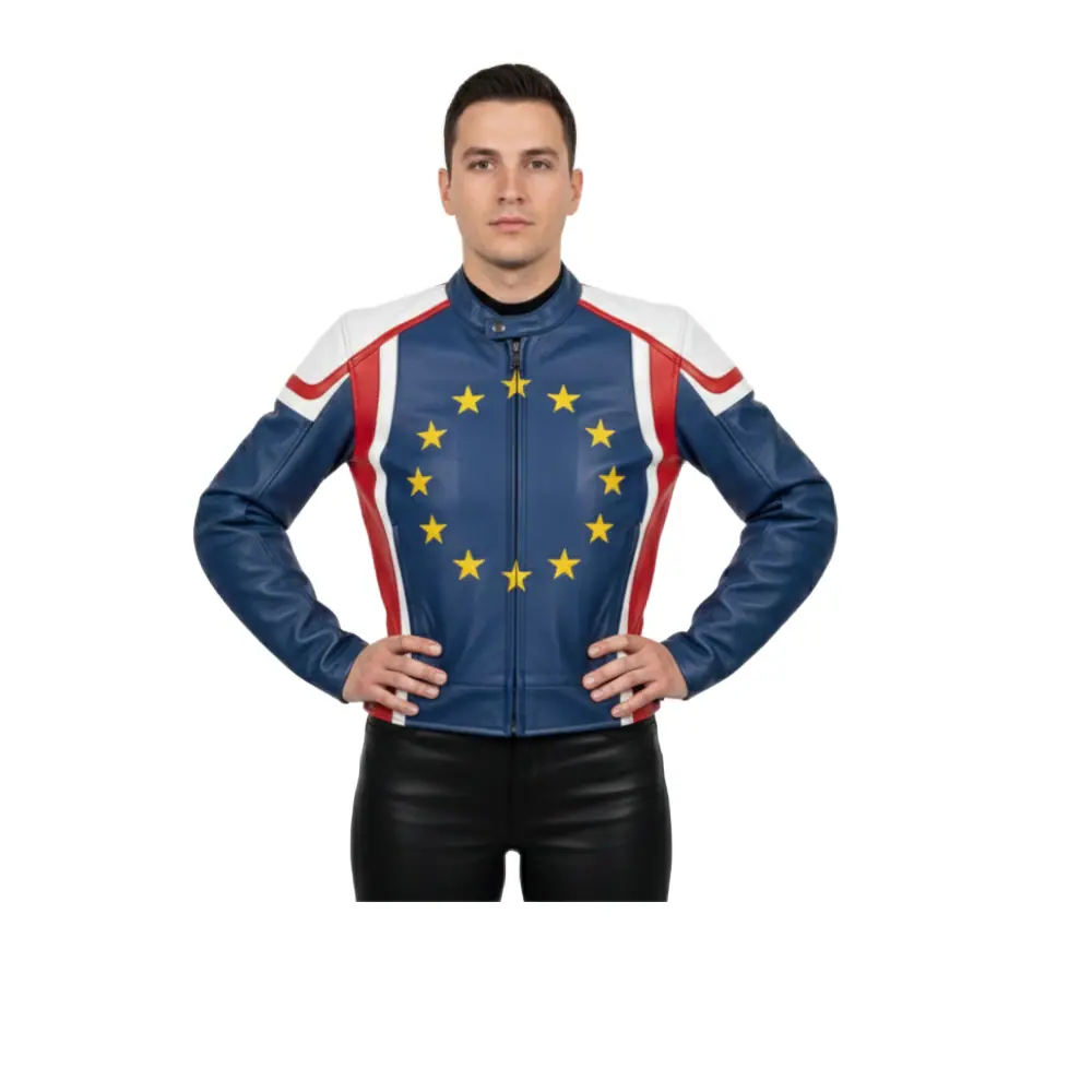 Men’s Europe Flag Biker Leather Jacket – Stylish Fashion Men’s Biker Leather Jacket