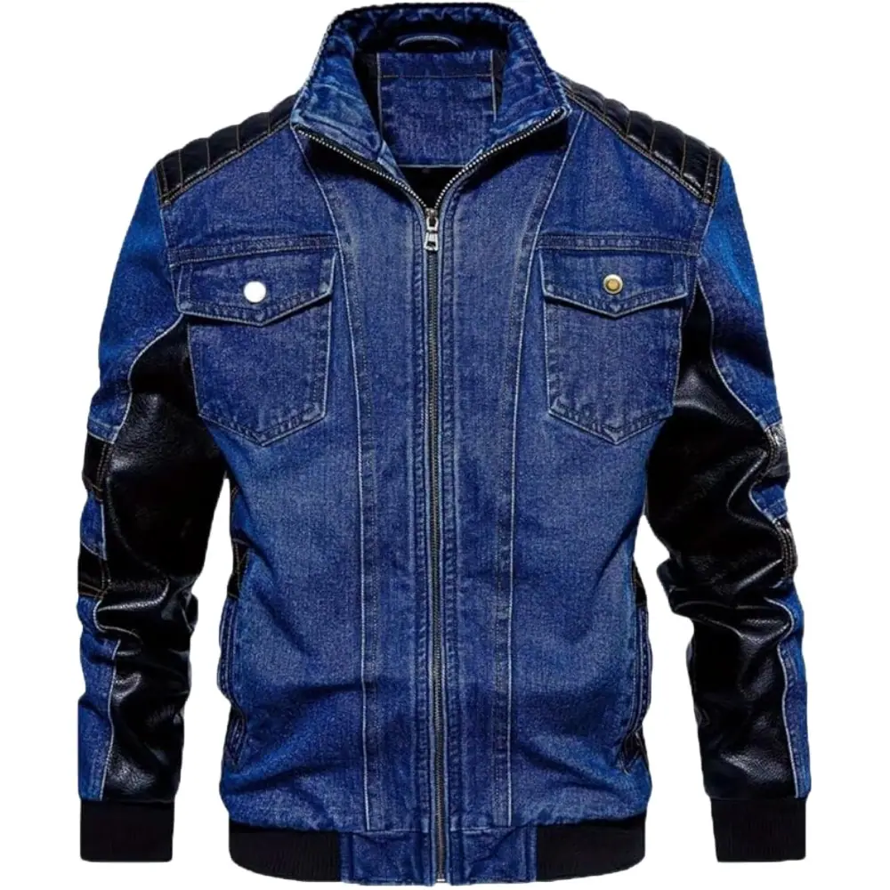 Men’s Blue And Black Denim Leather Panel Moto Jacket Men’s Denim Leather Jacket